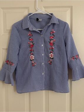 H&M Blue and White Striped Blouse with flowers embroidery